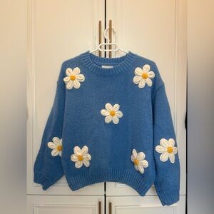 Floral Blue Sweater with Daisies